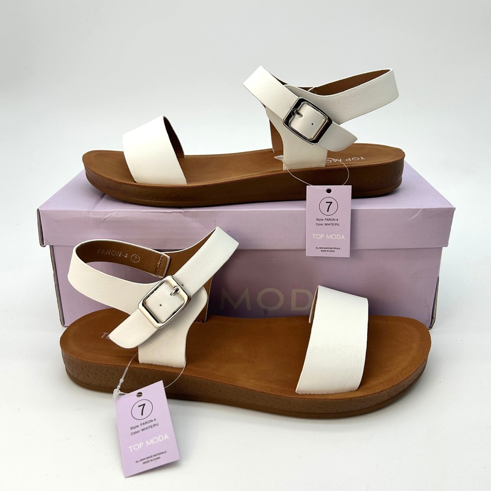 Womens Sandals Top Moda Faron Size 7 White Faux Leather Ankle Strap Flats NEW